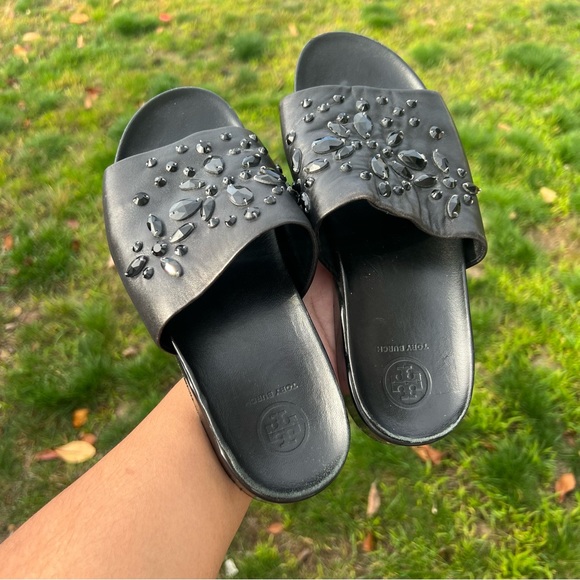 Tory Burch Brae Crystal Leather Slide Sandal Black Leather 5.5 - Picture 2 of 7